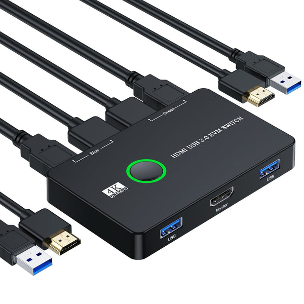 2 Port HDMI KVM Switch - Share Mouse/Keyboard/Screen between 2 PCs - Compatible with Windows 7/10/11