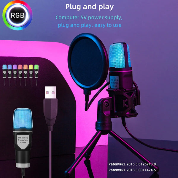 SF-666R RGB USB Condenser Microphone - 7 Colors, Shockproof, Omnidirectional - For Streaming/Gaming/Podcast