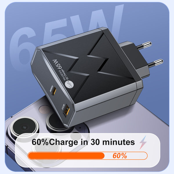 65W GaN PD Charger - 5 USB Ports, QC3.0 Fast Charging - Compact &amp; Secure - For Mobile/Tablet/PC 