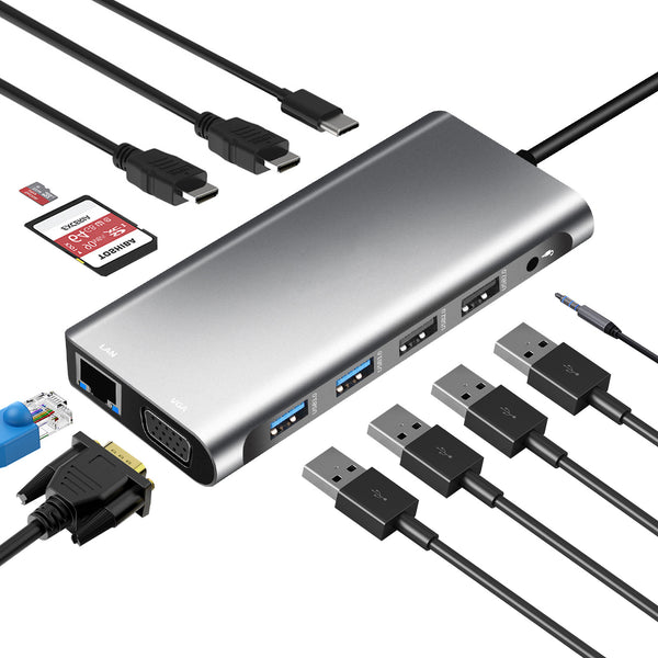12-in-1 USB-C Docking Station - Dual HDMI + VGA - 4K 30Hz for MacBook &amp; PC - Ultra-Versatile Conversion Hub