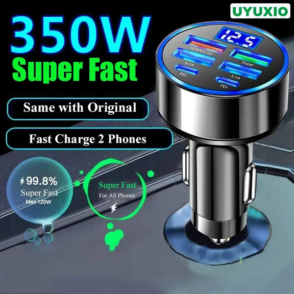 UYUXIO 6-in-1 Car Adapter - 30W PD Fast Charging + Voltage Display - Compatible with iPhone 15 Pro Max/Samsung/Huawei 